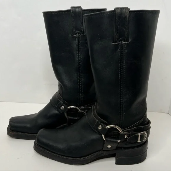 Frye Black Leather Biker Harness Boots